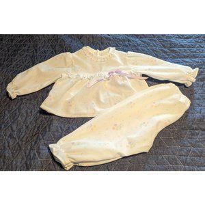 Vintage Sz 2T Girls Polyester Fleece Pajama Set Ivory Purple Floral Bow USA Made